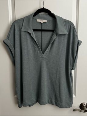 LOFT Light Green Collared V-Neck Relaxed Top- never worn, no tags